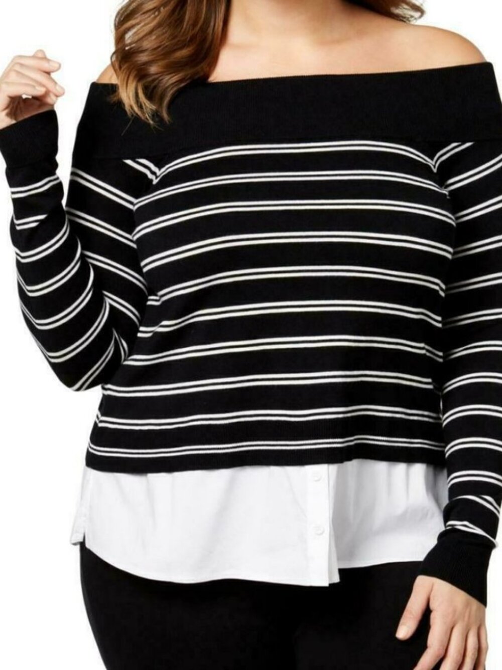 INC Black & White Striped Off-The-Shoulder Sweater - Plus 1X - Layered Look NWT